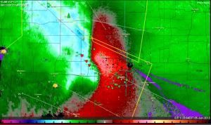 Here a Derecho is shown in the wind velocity product. The red color means the winds are moving away from the radar and the green indicates the winds that are blowing toward the radar. Photo Courtesy: Joe Jurecka, PYKL3Radar